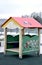 play ground red and white big wooden toy house for children school or city garden park . Children kids playground with play