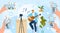 Play guitar online vector illustration, cartoon flat streamer vlogger, musician guitarist character playing guitar