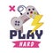 Play Hard Logo, Joysticks Gamepad with Slogan Text Print Cartoon Vector Illustration