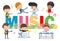 Play music concept of children group. Kids playing musical instruments, cute child musician various actions playing music.