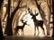 A play of shadows, the shadows of the trees surround the shadows of the deer.