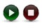 Play and Stop buttons. Green and red 3d icons with shadow, isolated on white background