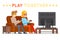 Play together gamer young girl boy watching tv playing game sit couch cartoon character flat design vector illustration