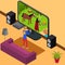 Play Video Game and Gamer Girl 3d Isometric View . Vector