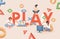 Play word banner template. People playing video games on game console vector flat illustration.