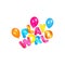 Play world label flying with colorful helium balloons, children fun game zone logo with cartoon letters