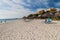 PLAYA ANCON, CUBA - FEB 9, 2016: View of Playa Ancon beach near Trinidad, Cuba. Hotel Club Amigo Ancon in the backgroun