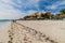 PLAYA ANCON, CUBA - FEB 9, 2016: View of Playa Ancon beach near Trinidad, Cuba. Hotel Club Amigo Ancon in the backgroun