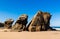 Playa de las Catedrales. Wonderful stone figures. Cathedrals beach at the Atlantic Ocean, Cantabric coast Lugo, Galicia, Spain