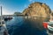 Playa De Vueltas beach and Port with yacht and fishing boats at the atlantic ocean in La Gomera. A popular vacation spot for