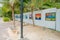 Playa del Carmen, Mexico - January 10, 2018: Outdoor view of a hall with colorful paints and stoned pavement and some