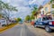 Playa del Carmen, Mexico - January 10, 2018: View of a blue police van parked at outdoors in 5th Avenue, the main street