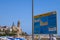 Playa La Ribera Beach sign cartel in Sitges. San BartolomÃ© y Santa Tecla church