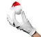 Player holding golf ball with small Santa hat on white background