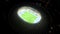 Players playing football on huge stadium at night time, soccer game, aerial view