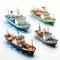 playful 2D isometric representation of eight cargo ships, each with distinct personality and whimsical features, sailing on calm