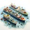 playful 2D isometric representation of eight cargo ships, each with distinct personality and whimsical features, sailing on calm