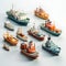 playful 2D isometric representation of eight cargo ships, each with distinct personality and whimsical features, sailing on calm