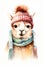 A Playful Alpaca in Cozy Winter hat and scarf. Christmas, winter themed watercolour illustration on white background