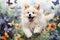 Playful American Eskimo dog chasing butterflies and flower watercolor background