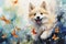 Playful American Eskimo dog chasing butterflies and flower watercolor background