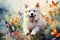 Playful American Eskimo dog chasing butterflies and flower watercolor background