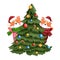 Playful baby corgi with christmas tree and christmas ornaments
