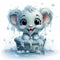 Playful baby elephant in soapy tub, splashing water, joyful expression, bubbly bath, cute illustration.