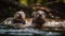 Playful beaver and seal swim in tranquil wildlife reserve pond generated by AI