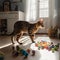 Playful Bengal Cat with Toy Mouse in Sun-Drenched Room