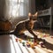 Playful Bengal Cat with Toy Mouse in Sun-Drenched Room