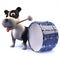 Playful black and white 3d cartoon puppy dog bangs a bass drum