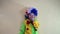 A playful  boy in a clown costume in a wig puts on a false nose and then throws it jokingly.