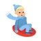 Playful Boy in Warm Hat and Knitted Mittens Sliding Down with Snow Saucer Vector Illustration