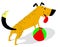 Playful cartoon dog with ball. Cheerful pet invites to play toy.