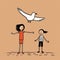 Playful Cartoon Girls And A Seagull: Intentional Primitivism Illustration