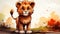 Playful Cartoon Lion Cub Frolicking in a Colorful Savannah. AI generation