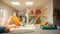 Playful child enjoys vibrant playroom with colorful toys and decor generated by AI