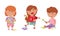 Playful Children in Stained Clothes Holding Paintbrushes and Paints Vector Illustrations Set