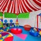 A playful circus-themed playroom with a mini trapeze, colorful circus tent, and carnival game corner2, Generative AI