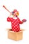 Playful clown coming out of a box and holding a horn and a present