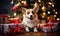 Playful Corgi sits by a dazzling Christmas tree Created with generative AI tools