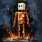 Playful Cubism: Minecraft Man Standing In Fire Oil On Canvas