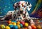 Playful Dalmatian Pup amidst Rainbow Eggstravaganza (AI Generated)