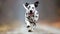 Playful dalmatian puppy joyfully running in a meadow, showcasing its spotted beauty