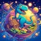 A playful dinosaur in the outer space, planets, stars, moon, cartoon, t-shirt design, kids art