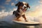 Playful Dog funny riding surfboard. Generate Ai