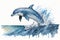 A playful dolphin leaping out of the ocean waves, painted with cool and calming blue watercolors Generative AI