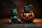 A Playful Duo: Amusing Halloween Pumpkin and Spooky Figure, Both Adorned With Hats, Relaxing on Wooden Floor AI generated