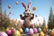 Playful Easter bunny juggling decorated eggs